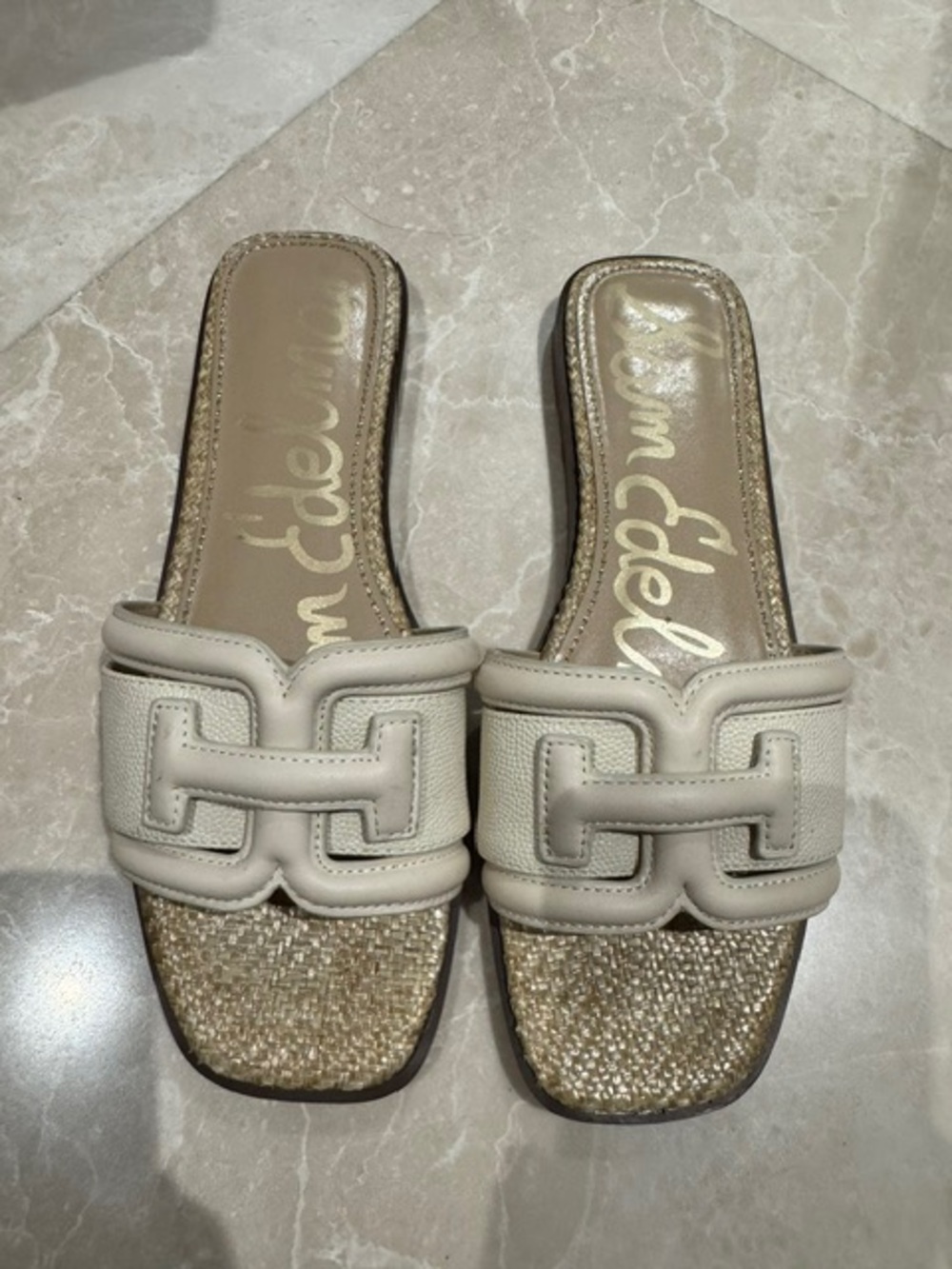 Sam Edelman Neutral Beige Leather Slide Sandals